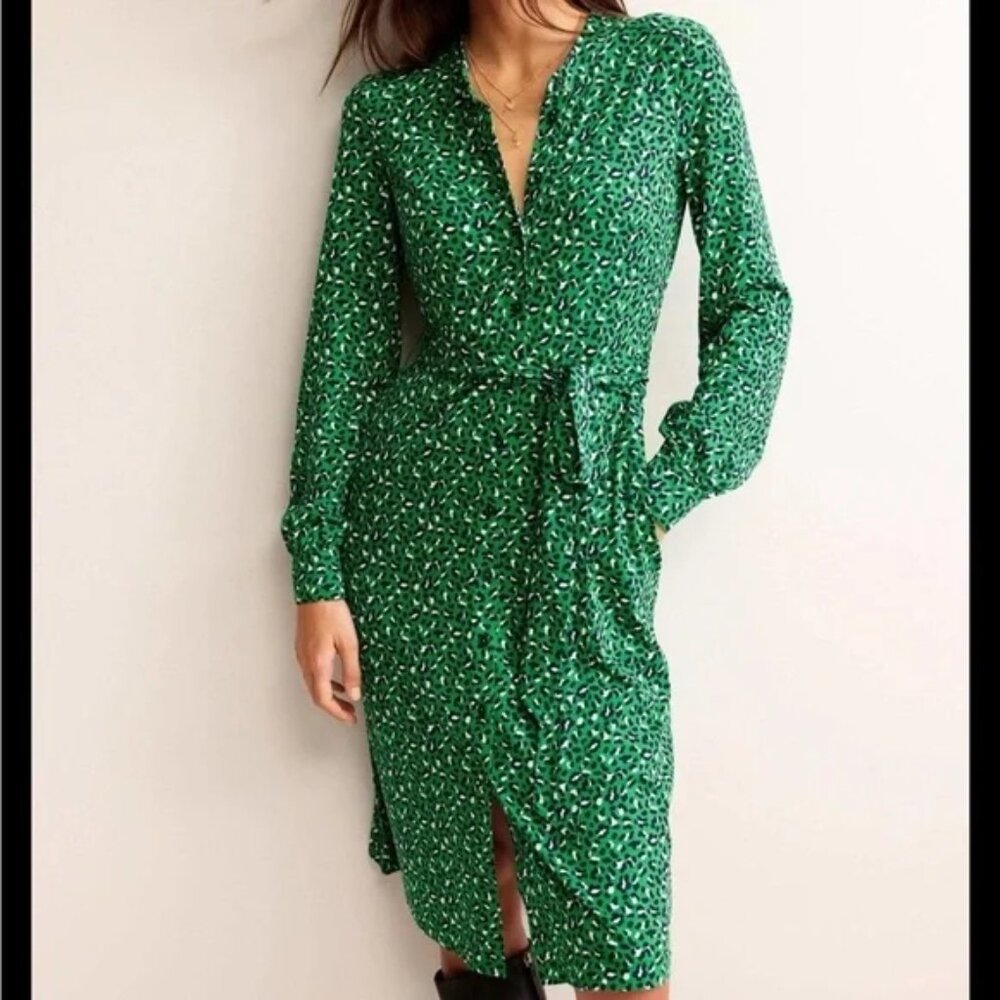 Boden Green Long-Sleeve Printed Tie-Waist Cotton Dress